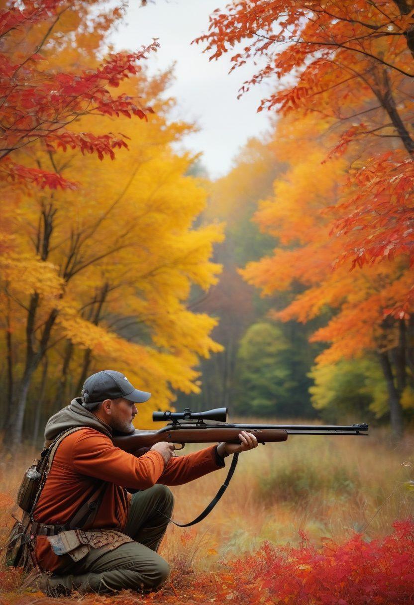 A serene outdoor scene showcasing a skilled hunter aiming with a Hatsan airgun, surrounded by colorful autumn foliage. Highlight expert tips displayed artistically on floating banners in the background, with precision targets visible in the distance. Include wildlife subtly observing from nearby bushes to evoke a sense of nature. super-realistic. vibrant colors. 3D.