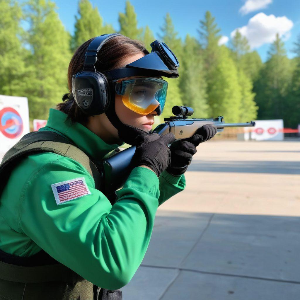 A dynamic scene showcasing a person in a safe shooting position at a shooting range, focused on precise marksmanship with an air rifle. Background elements include safety gear like goggles and ear protection, alongside well-organized targets and signs emphasizing safety practices. The atmosphere is calm yet focused, with vibrant green trees and blue sky in the background. super-realistic. vibrant colors. 3D.