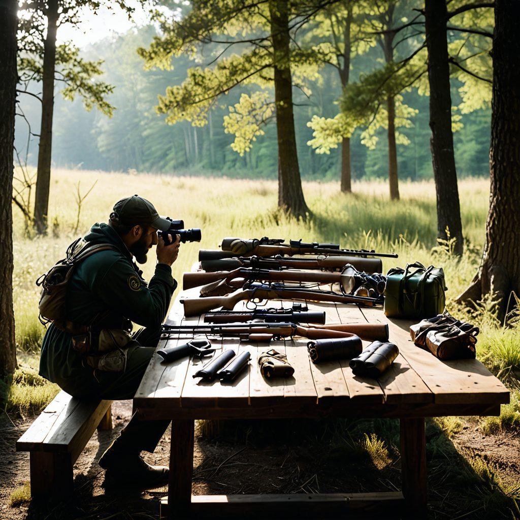 A tranquil outdoor scene showcasing a vast field transitioning into a wooded range. In the foreground, an array of high-quality hunting gear including rifles, binoculars, and camouflage clothing is displayed on a wooden table. A hunter in full gear looks through binoculars towards the horizon, capturing the spirit of adventure and expertise. Soft sunlight filters through trees, highlighting the equipment. super-realistic. vibrant colors. natural landscape.